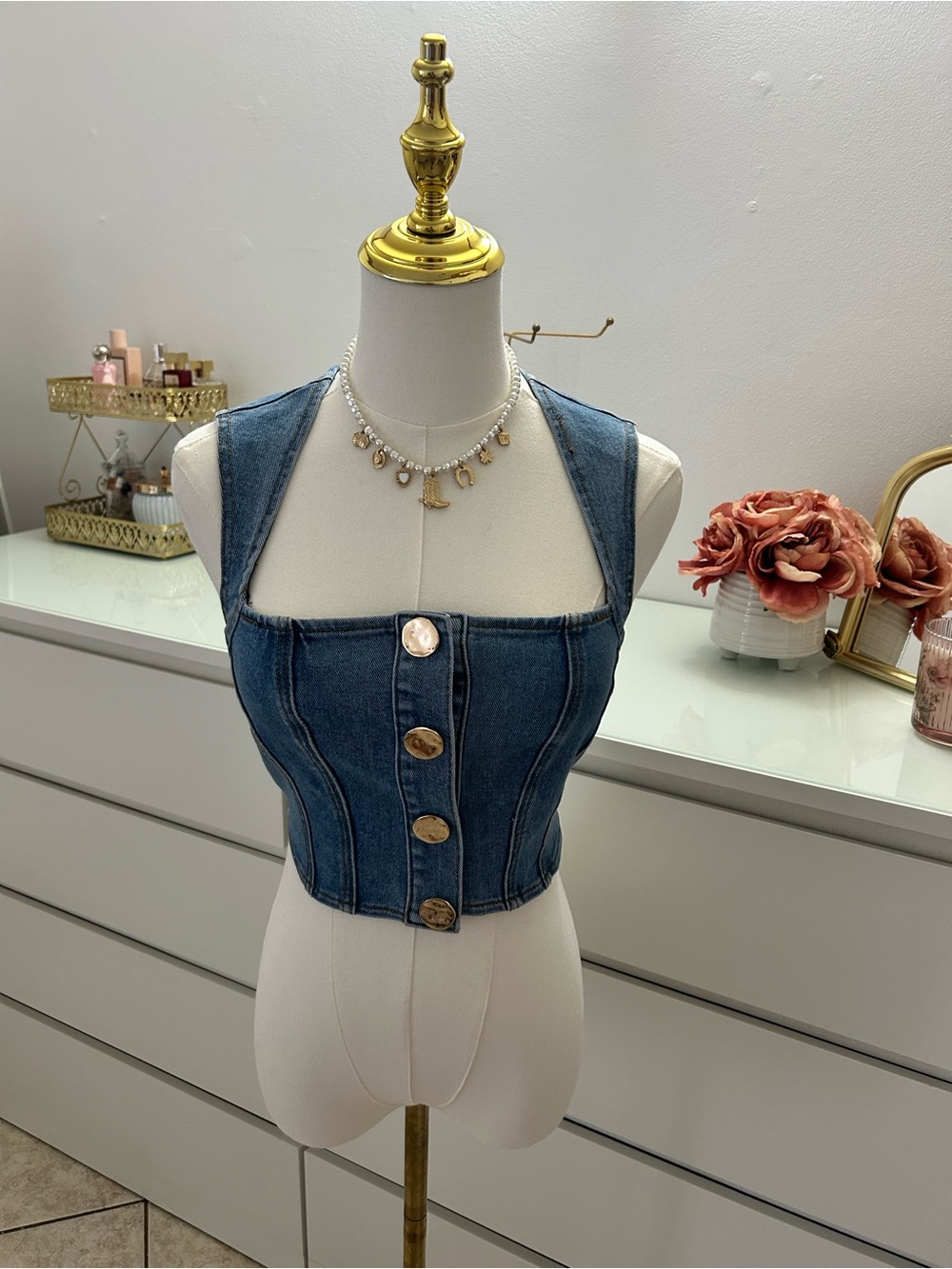House of Harlow 1960 Blue Denim Button-Front Crop Top